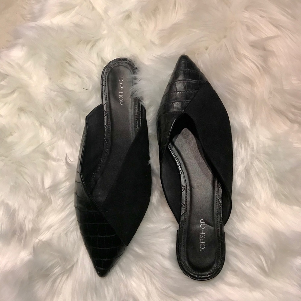 TOPSHOP ‘Alice’ Pointed Snake-Print/Suede Mules